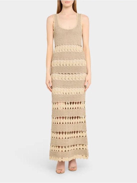 Cara Cara Joan Crochet Metallic Midi Sheath Dress in Metallic Ivory Crochet Sz M